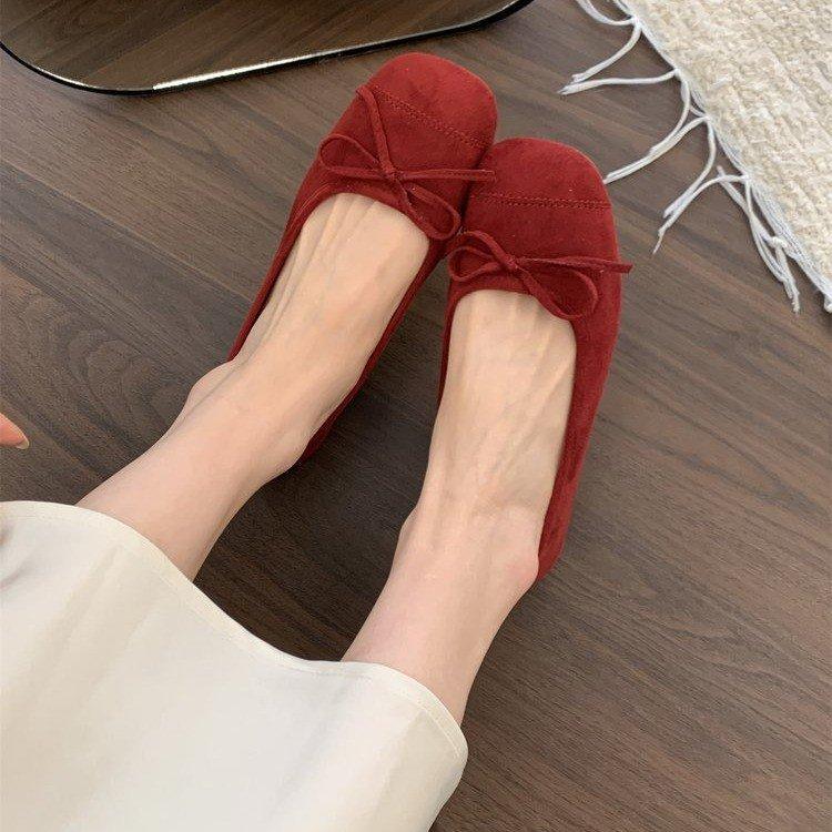Wildleder rote Einzel Schuhe Damen Herbst neu flacher Mund ein Pedal Retro sanfter Feenwind Ballerina flache Mütze Schuhe