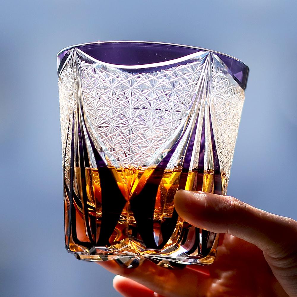320Ml Edo Kiriko Whisky Tumbler Colored Purple Grey Hand Cut Japanese Glassware For Spirits