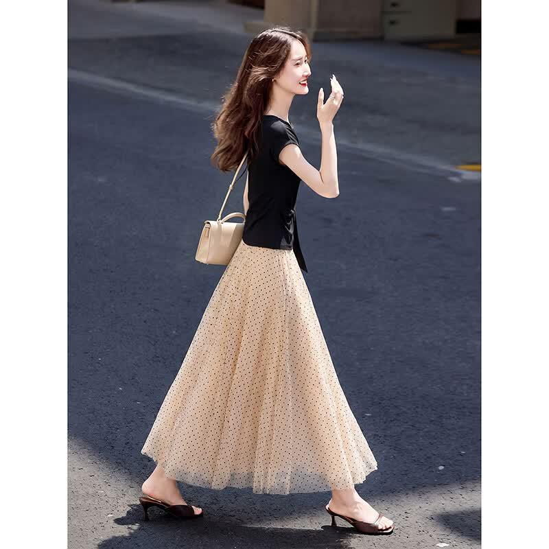 Summer Elegant T-shirt & Mesh Polka Dot Skirt Set