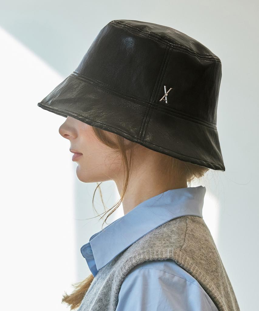 Bajal Va Cubic Stud Vegan Leather Drop Bucket Hat Black