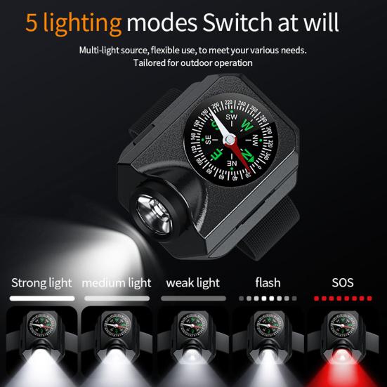 Camping Wrist Light with Compass Adjustable Strap Design Super Bright Waterproof Multiple Lighting Modes LED Flashlight Emergency Light