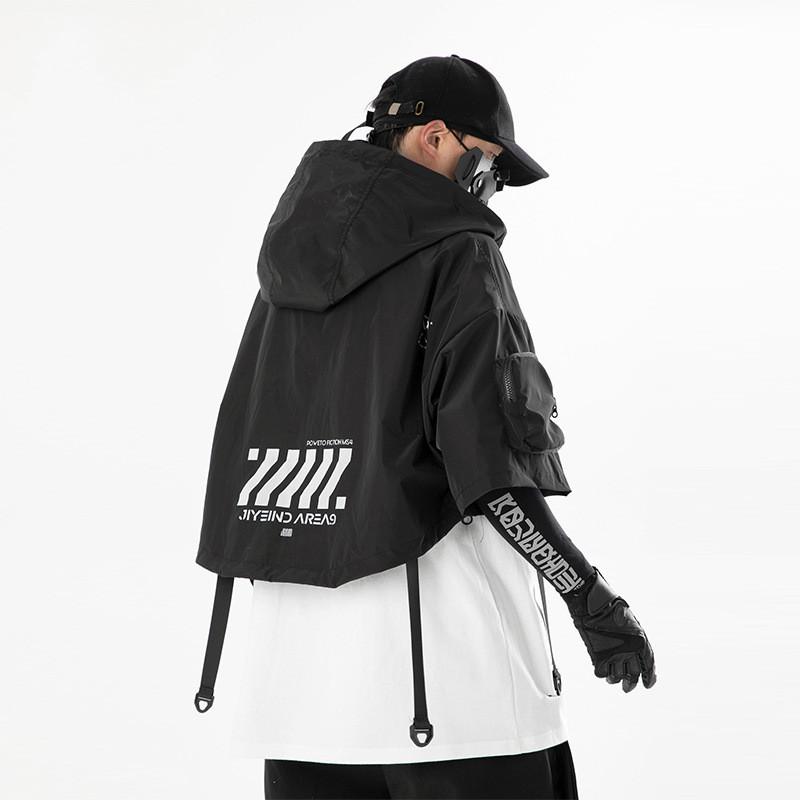 Techwear Stil Hip Hop Cropped Jacke Pullover Herren Punk Motorrad Kapuzenmantel Mehrere Taschen Jaqueta