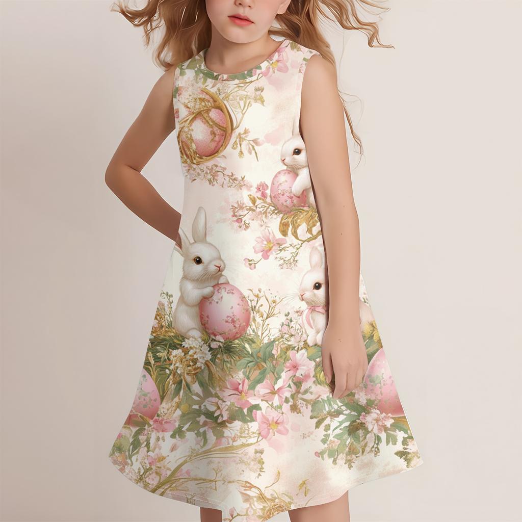 Dívčí módní ležérní šaty bez rukávů s kulatým výstřihem a velikonočním potiskem
