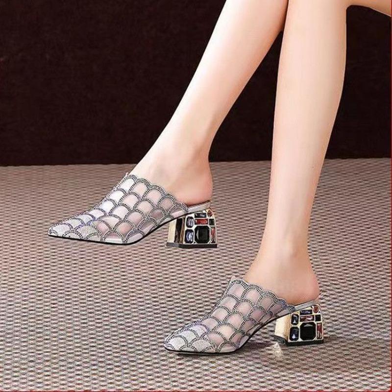 Fashion Mesh Breathable Pointed Toe Slides Medium Heel Rhinestone 39 Vip Women's Slippers and Ladies Sandals On Promotion Original Shoes
