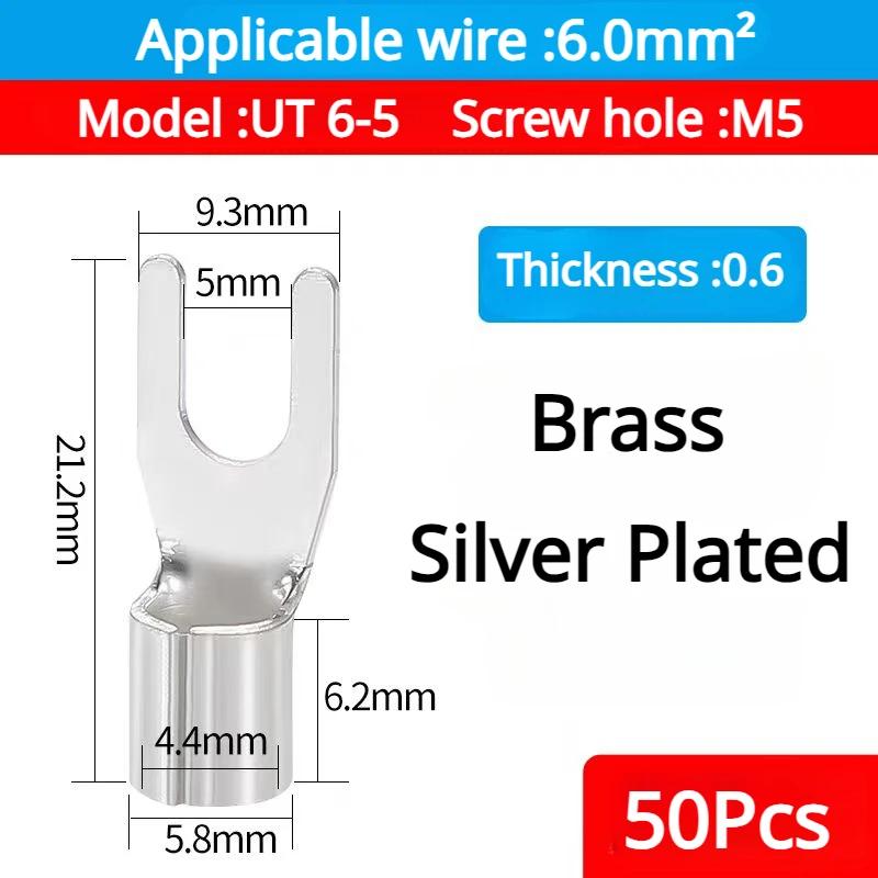 50PCS UT1.5 -10 Non-Insulated Ring Fork U-Type Terminal Tin-Plated Copper Terminals Assortment Kit Cable Wire Connector Crimp