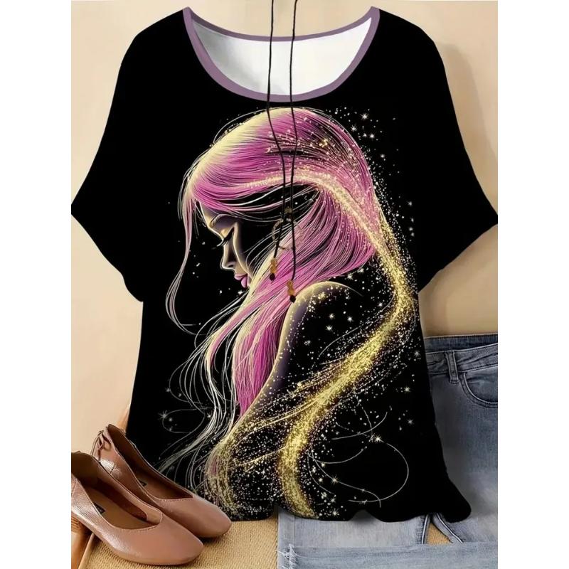 

Comfortable Tee Fashion Women s Clothing Mystery Girl Short Sleeve Crew Neck T-shirt 3D Color Printing Tops XS
