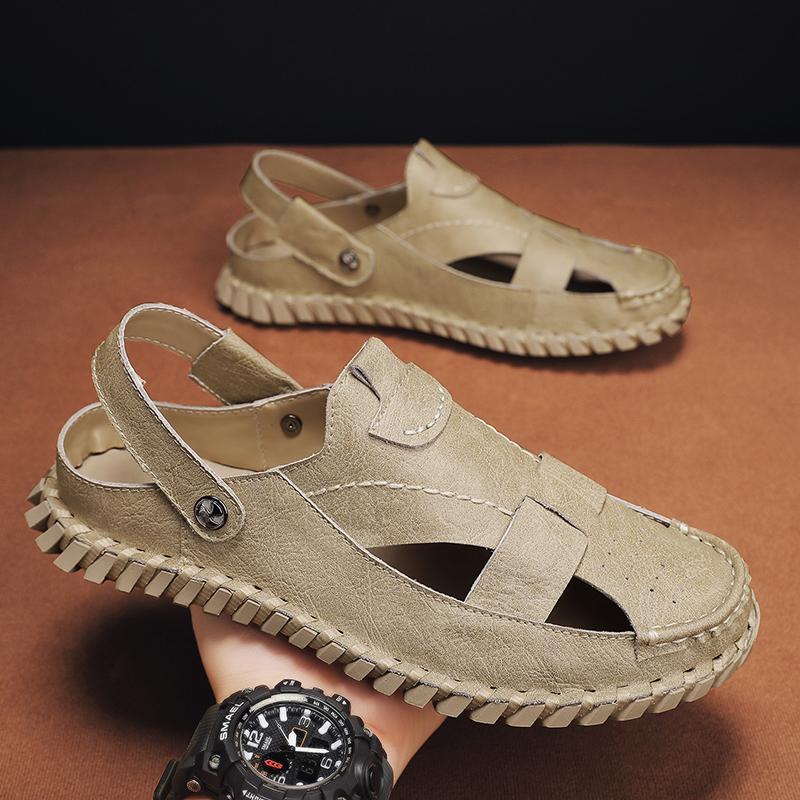 Fashion 2024 New Summer Outdoors Penetration Men Genuine Leather Sandals Wild Hollow Sandals Men Summer Wear-resistant Non-slip Toe Cap