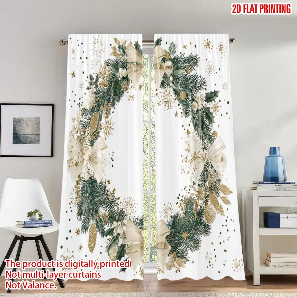 

2pcs 2D flat printing Christmas Party Curtains Christmas Wreath Greenery Golden Bows Digital Printed Polyester Drapes Party & 100*130 Grommet Top 1pcs