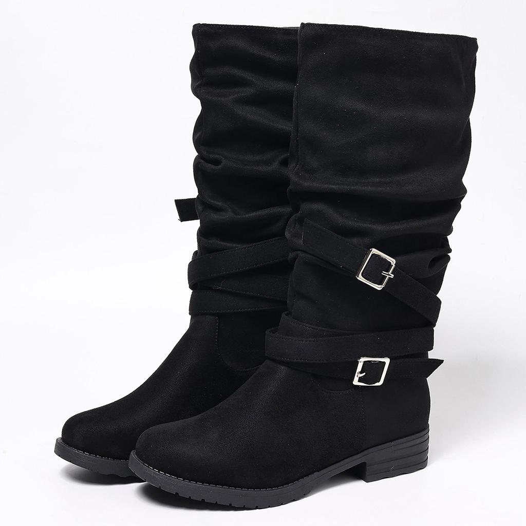 Women's Wide Width Suede Riding Boots, Chunky Heel Round Toe Knee High Boots, Buckle Detail Stacked Foldable Long Boots