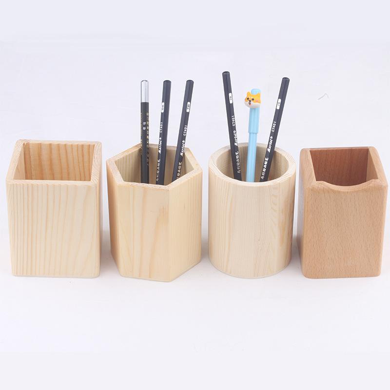 Pencil Holder Office Desk Wood Square/Round/Hexagon Pen Holder Pen Pot Cup Case Container Stationery Storage Organiser Supplies
