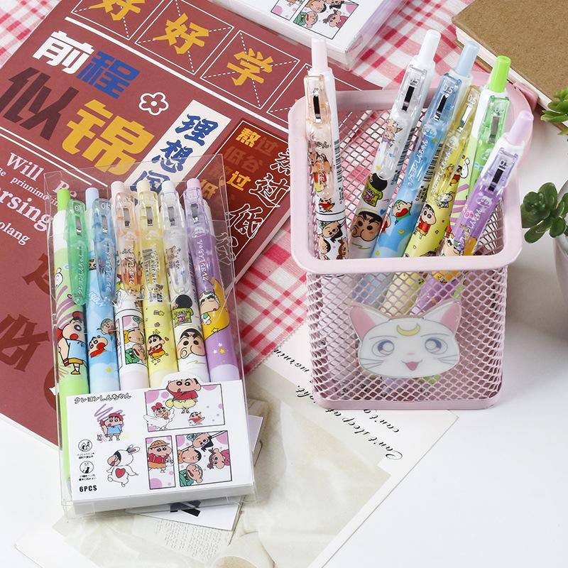 6Pcs Cartoon Crayon Shin-Chan Pressing Neutral Pen Kawaii Children Writing Pen Quick Drying Gel Pen Student Stationery Gift