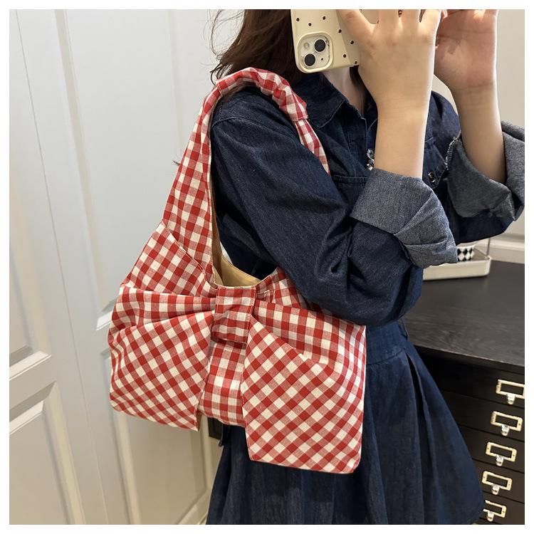 1Pc Summer Korean Retro Plaid Vest Bag Large Capacity Shoulder Bag Light Shopping Bag Versatile Canvas Bag Female Student