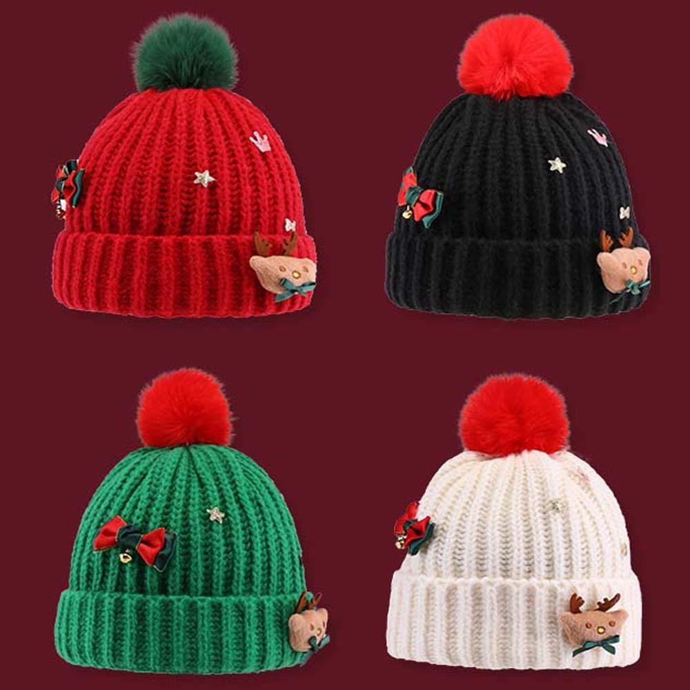 Bow Red Knitted Woolen Hat Warm Thickened Brimless Cap Fashion Big Pullover Hat  Girls