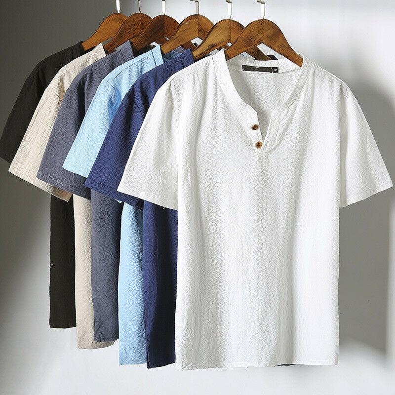 Premium Quality Men Brief T-shirt Summer V-neck Cotton Linen Blouse Top Tee Shirt Plus Size