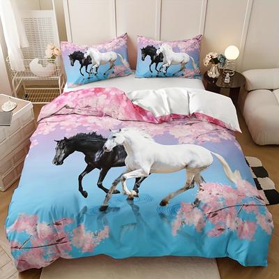 3Pcs 3D Horse Floral Duvet Cover Set - Includes 1 Duvet Cover And 2 Pillowcases (No Core) High Definition Print Home