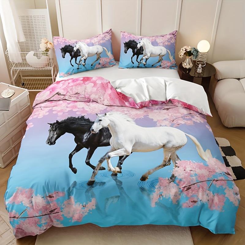 

3pcs 3D Horse Floral Duvet Cover Set - Includes 1 Duvet Cover And 2 Pillowcases (No Core) High Definition Print Home EU Twin(135x200cm)