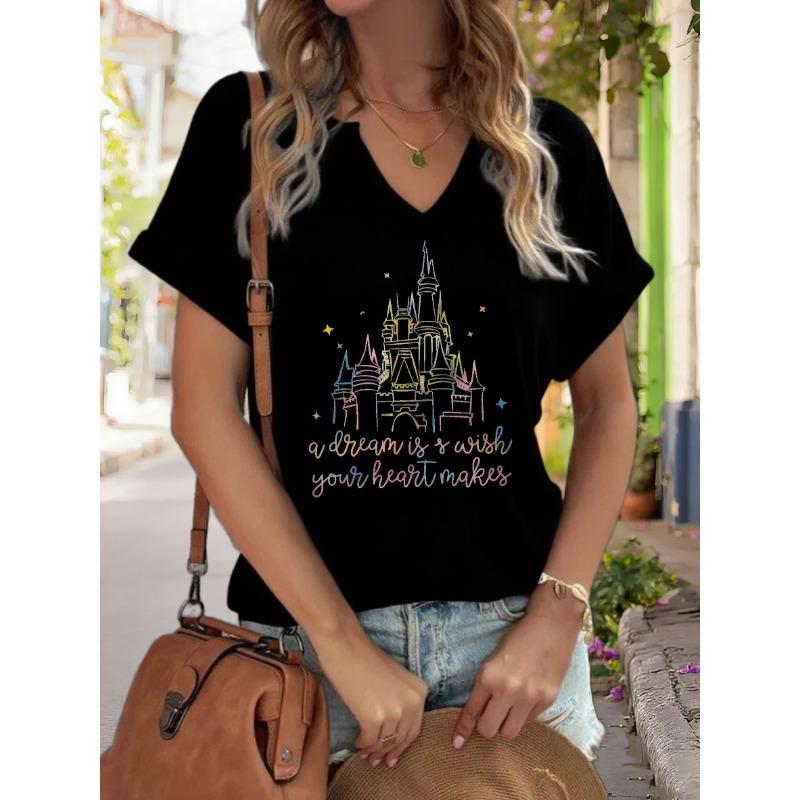 Women s V-Neck  A Dream Is A Wish Your Heart Makes  Graphic Tee, Rainbow Castle Print T-Shirt, Casual Short Sleeve Top S