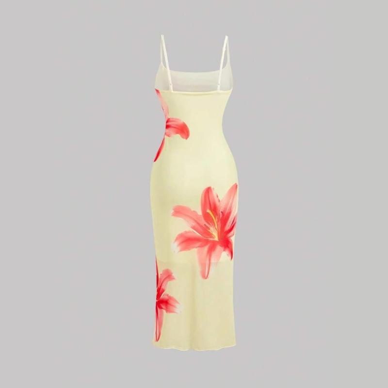 Été sexy coupe slim imprimé floral bretelles sac fesses style plage robe moulante et douce