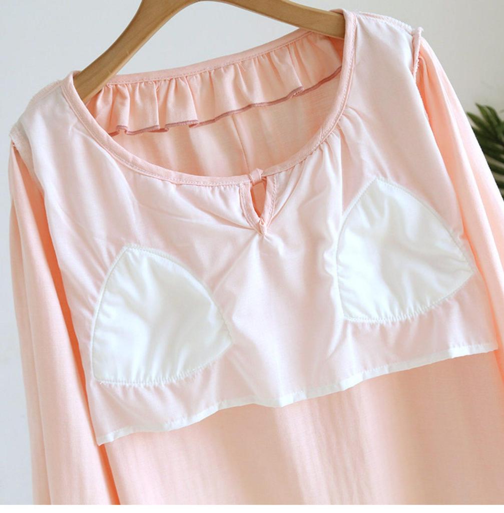 Women's Pure Cotton Gauze Nightgown with Built-in Bra, Round Neck, Lace, Versatile for Home or Outdoor Wear