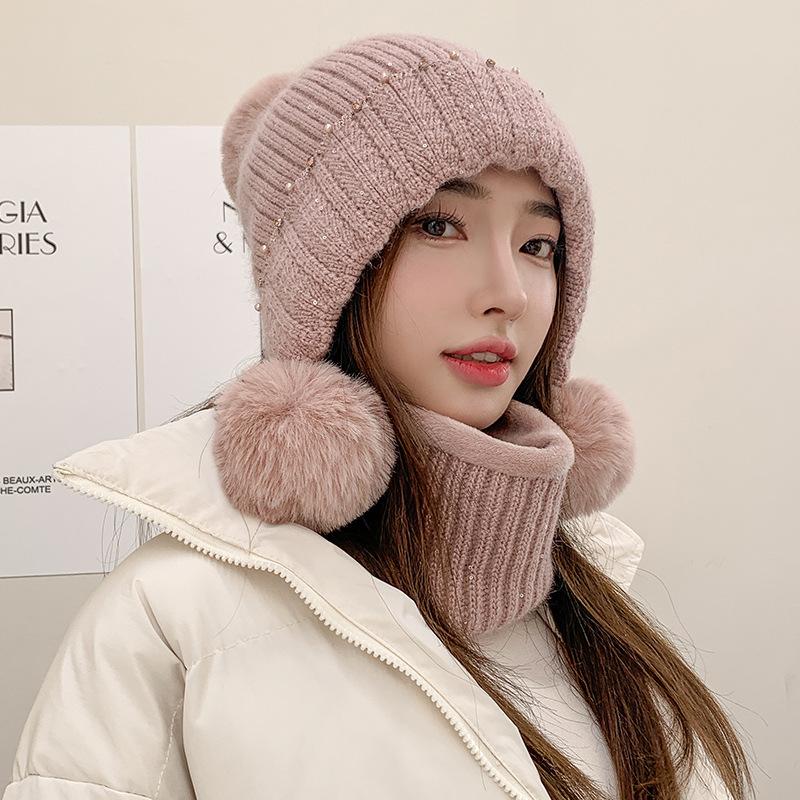 

Теплая шерстяная вязаная шапка с защитой ушей для женщин, зимняя шерстяная шапка из кроличьей шерсти, устойчивая к холоду, с бархатной шапкой-пуловером для женщин one size розовый