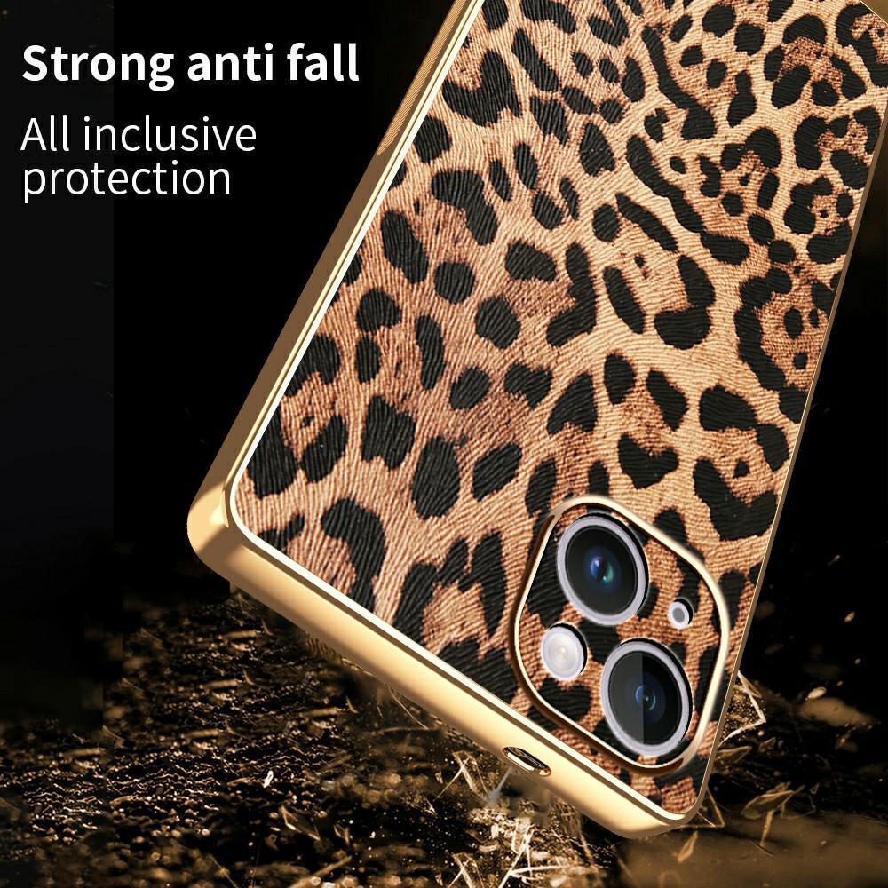 For iPhone 14 Plus Case Leopard Print PU Leather Coated PC + TPU Electroplating Phone Cover