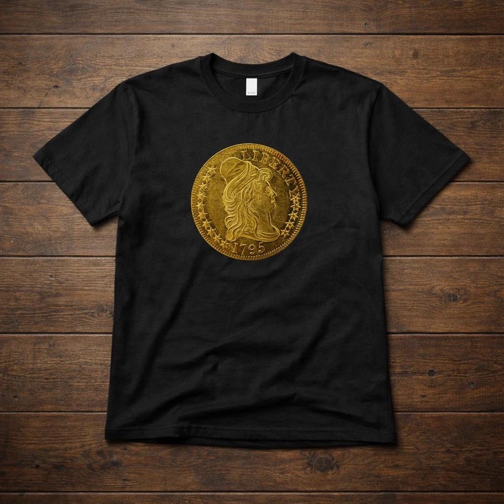 Liberty Gold Coin T-Shirt — 1795 Early U.S. Coin Collector Gift — Black/White
