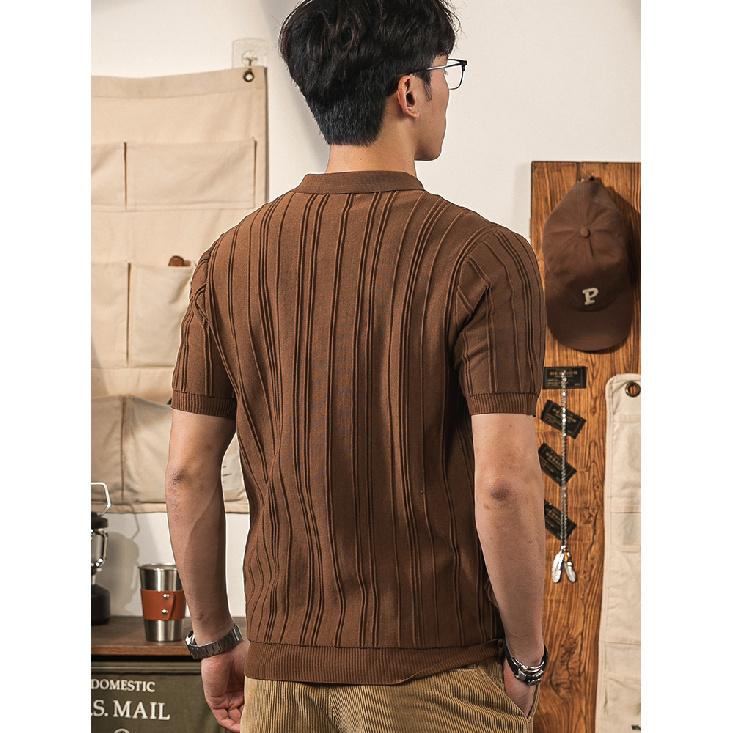 Short Sleeve Polo Shirt Men Summer Thin High-end Feel Ribbed Ice Silk Half-zip Turn-down Collar Slim Fit Knitted T-shirt
