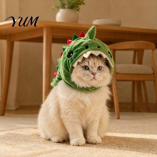 Funny Pet Outfit for Internet Celebrities Cute Dinosaur Hat Cats, Soft Plush Cat Headwear Breathable Accessory Photos with Shark Design, Novelty Green