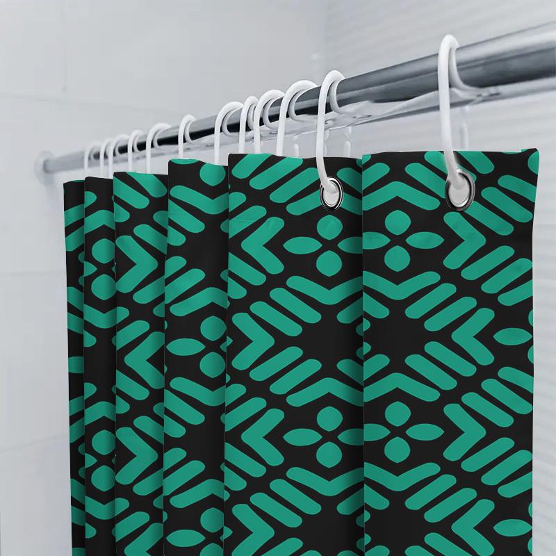 Green And Black Shower Curtain With Geometric Pattern For Bathroom Decor