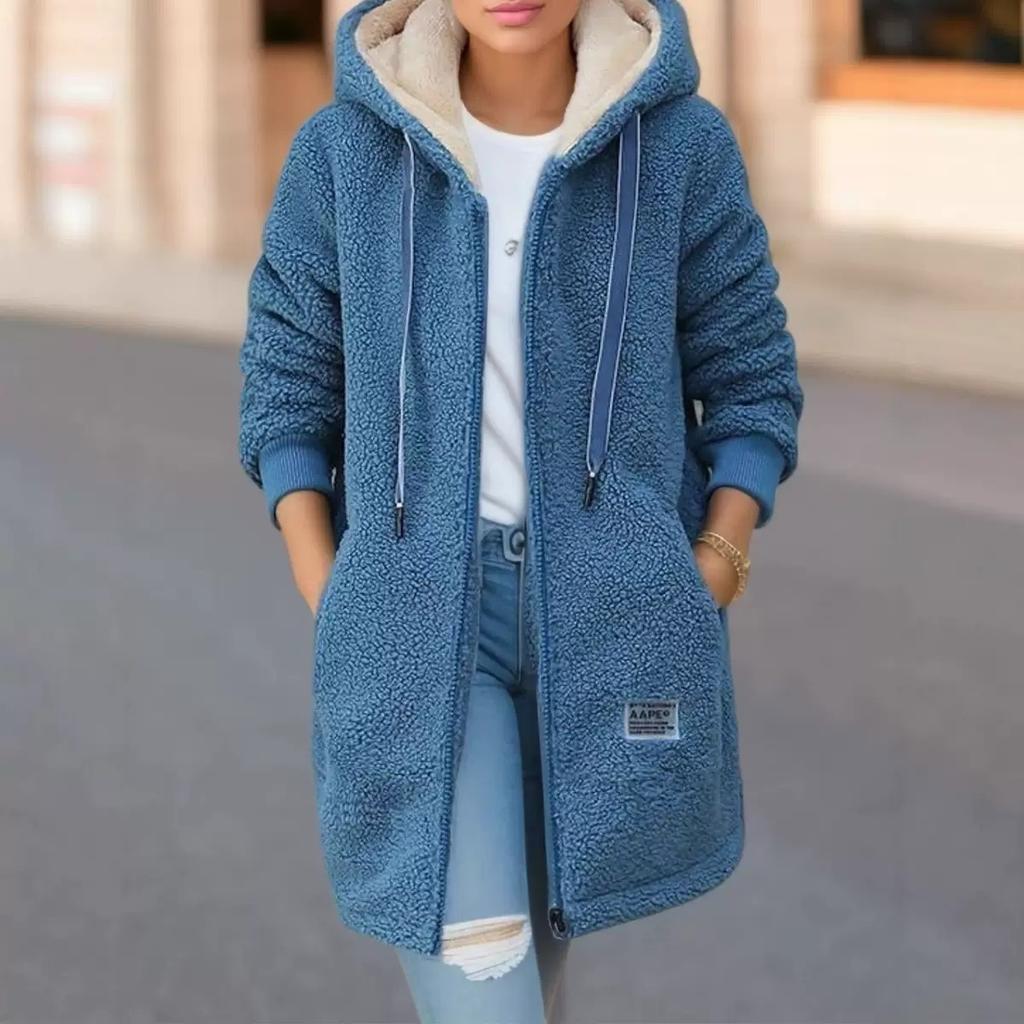 Fortykket fleecefôret sweatshirt dame hettegenser cardigan vinter trendy ny stil lammeullsjakke