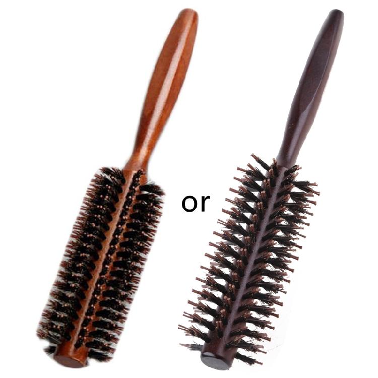 Straight Twill Boar Bristle Hair Round Brush Wood Handle Rolling Styling Comb