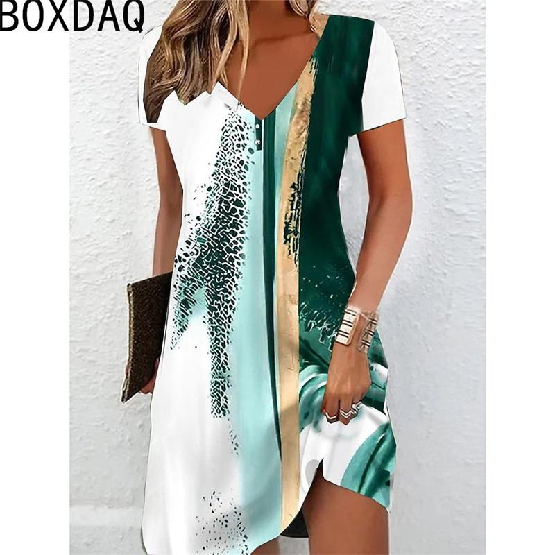 Abito A-line Floreale Elegante Vintage Donna Estate Manica Corta Scollo a V Casual Ampio Lunghezza al Ginocchio Abito Estivo Vestidos De Mujer