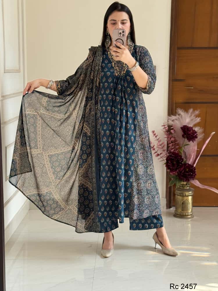 Women's Anarkali Cotton Printed Salwar Kameez Indian Bollywood Party Wear Top Tunic Kurti Set