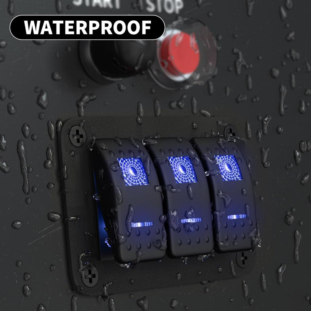 Marine Switch Panel Waterproof 12V 3 Gang Rocker Switch Panel Blue LED for Car Truck Boat RV UTV ATV RZR