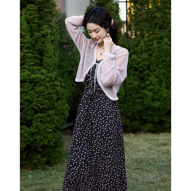 Women's Summer Tie-Knit Cardigan & Printed Chiffon Dress Set
