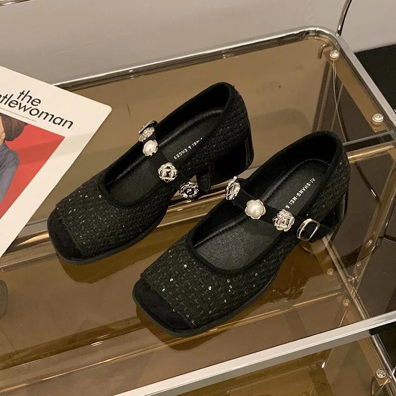 Projektanckie Wiosenne Buty Mary Jane z Cekinami dla Kobiet Modne Płytkie z Kwadratowym Noskiem Eleganckie Czółenka Ślubne na Przyjęcie