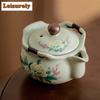 200ml Handmade Pea Green Ru Kiln Teapot Japanese Hibiscus Mutabilis Flower Hand Grab Pot Tea Brewing Kettle Puer Cha Decoration