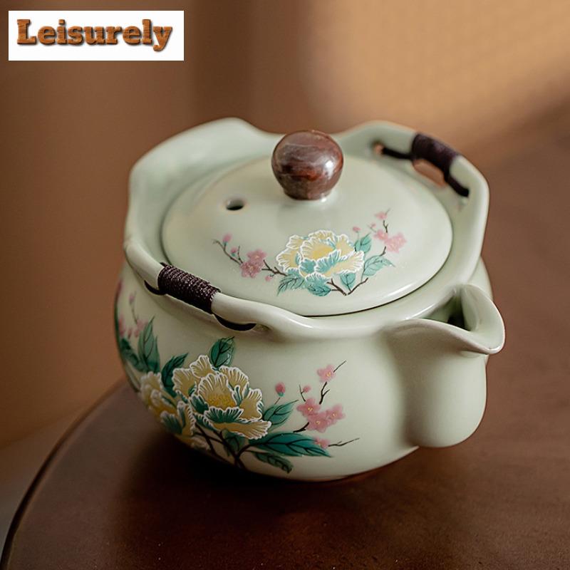 200ml Handmade Pea Green Ru Kiln Teapot Japanese Hibiscus Mutabilis Flower Hand Grab Pot Tea Brewing Kettle Puer Cha Decoration