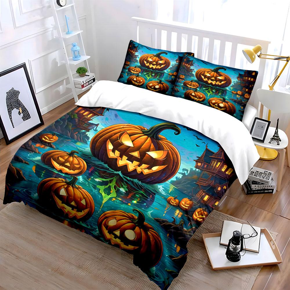 Geister Kürbis Halloween Szene Bettwäsche Bettbezug Set Bettbezug Kissenbezüge (1*Bettbezug 2*Kissenbezüge, ohne Bettdecke)
