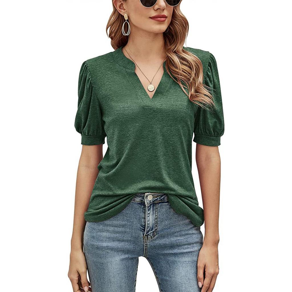 Summer Women's Casual V-Neck Solid Color Puff Sleeve Loose T-Shirt Top for Women European & American Crossborder Apparel