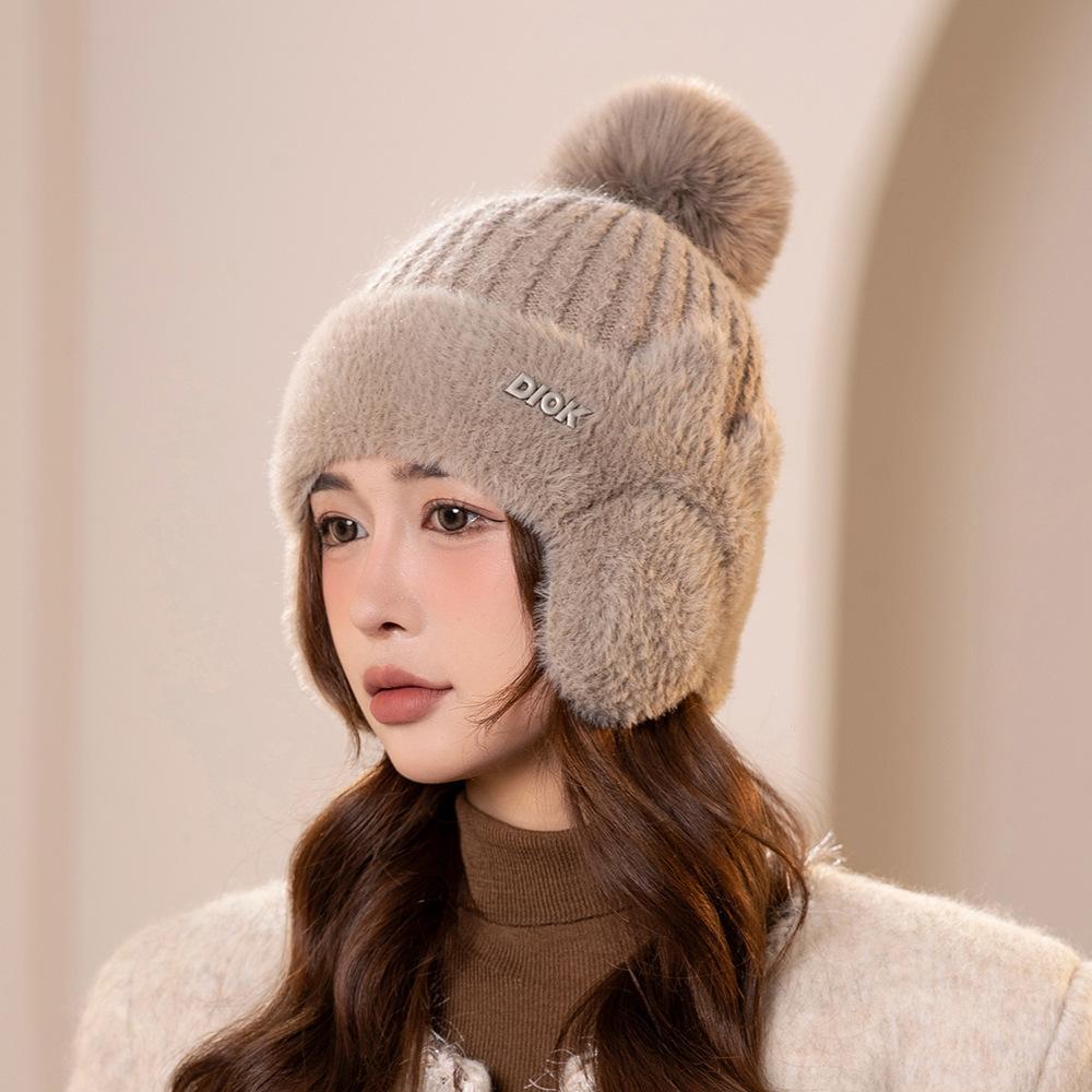 

Winter new color matching fox hair ear protection wool hat Korean version women s simple velvet thickened warm knitted hat tide [Good quality] Fleece хаки