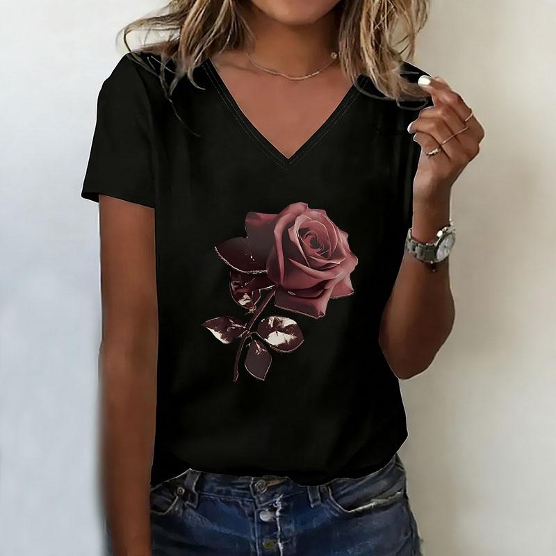 Retro T-shirt V-neck casual fashion rose print T-shirt for women XS