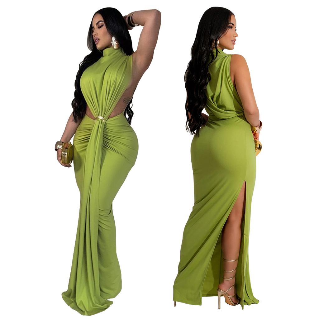 K10772 Women's Dress Solid Color Sexy Side Slit Sleeveless Fashion Party Gown