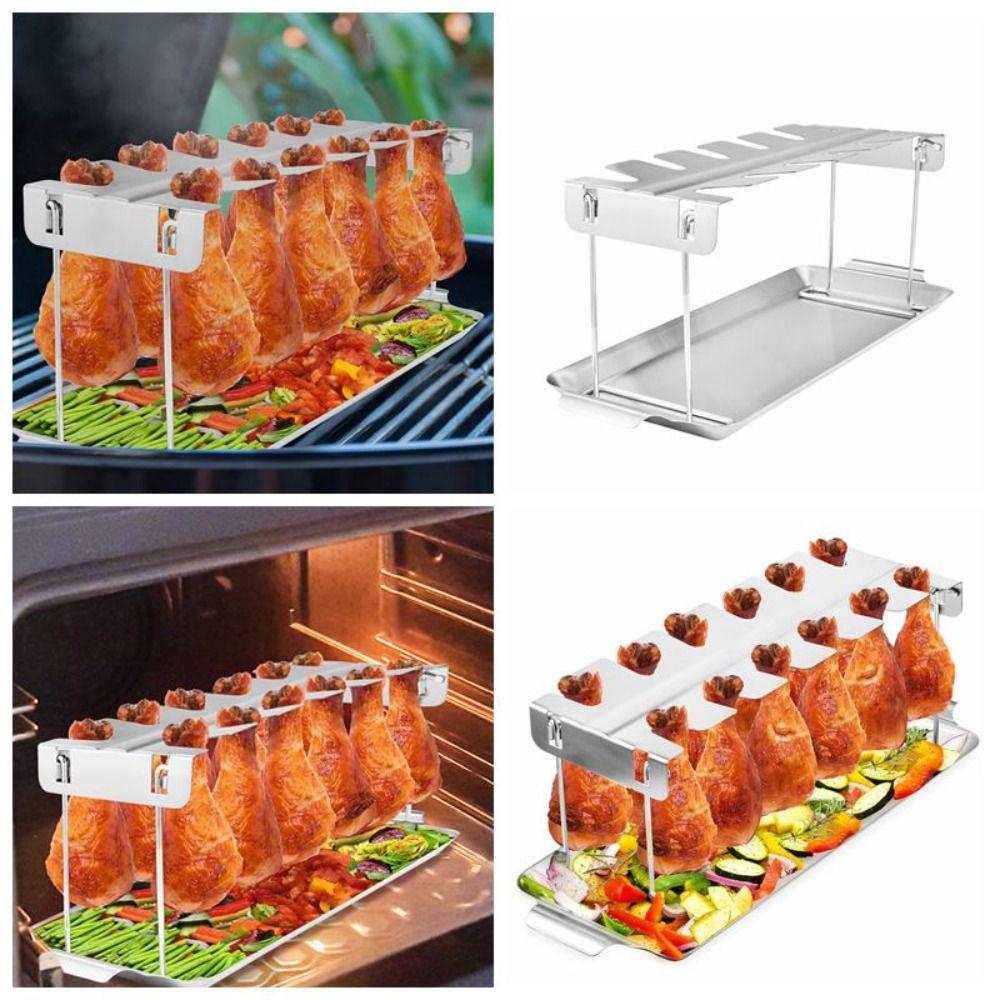 With Drip Tray Chicken Leg Rack Folding Chicken Leg Wing Grill Rack  Barbecue Accessories
