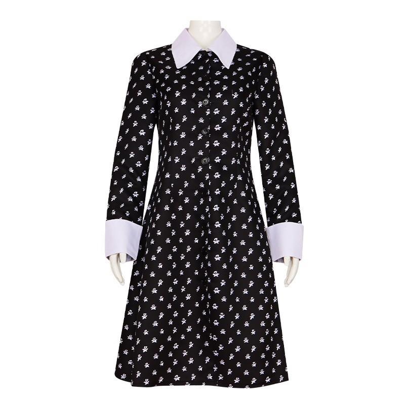 Wednesday Adams Family Halloween Girls Dress, Black Gothic Dress, Vintage Long Sleeve Shirt Dress, Cosplay Costume