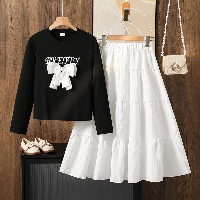 Girls' Casual Sweatshirt Set, Autumn Children's Fashion Bow Long-sleeved Sweet Top Skirt