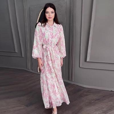 2024 Autumn European & American Gentle Lace-up Waist Slimming Floral Maxi Dress