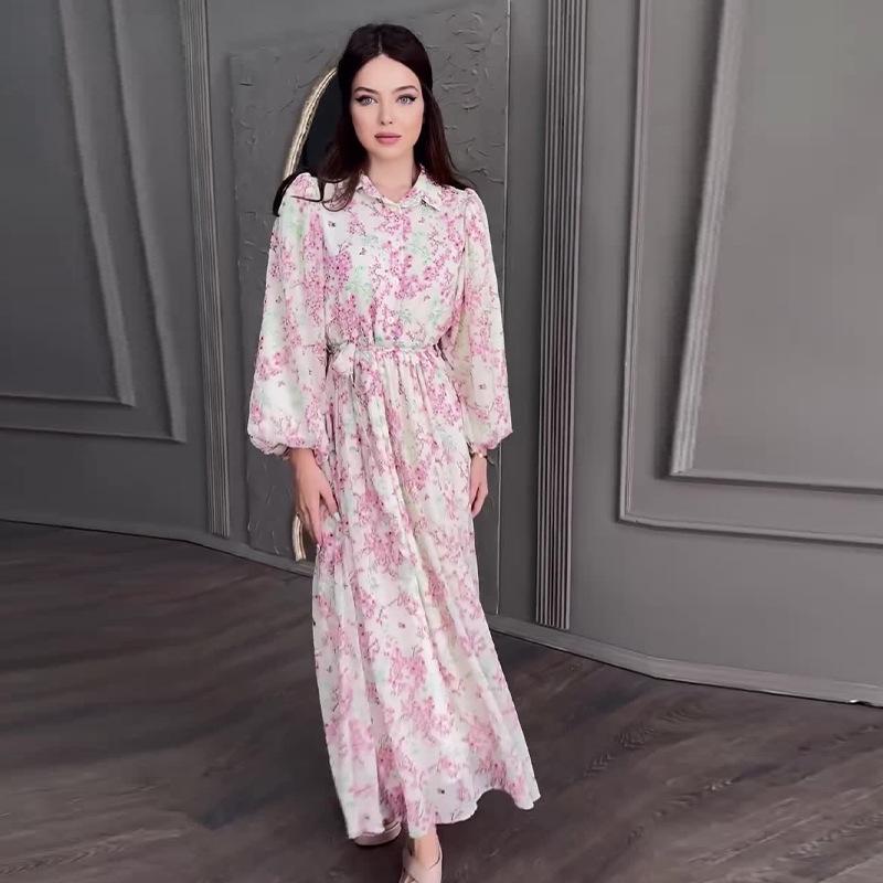 

2024 Осень Европейское и Американское Нежное Платье Макси с Цветочным Принтом и Шнуровкой на Талии для Похудения XXXL розовый