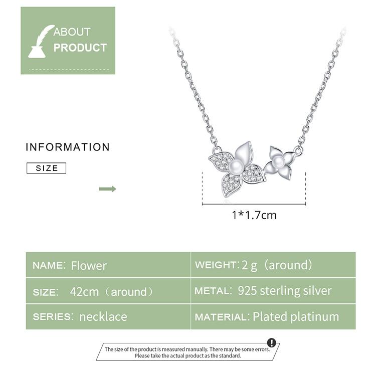 Bisaer Květinový náhrdelník 925 Sterling Silver Clear CZ Perlový náhrdelník pro ženy Svatební zásnubní jemné šperky