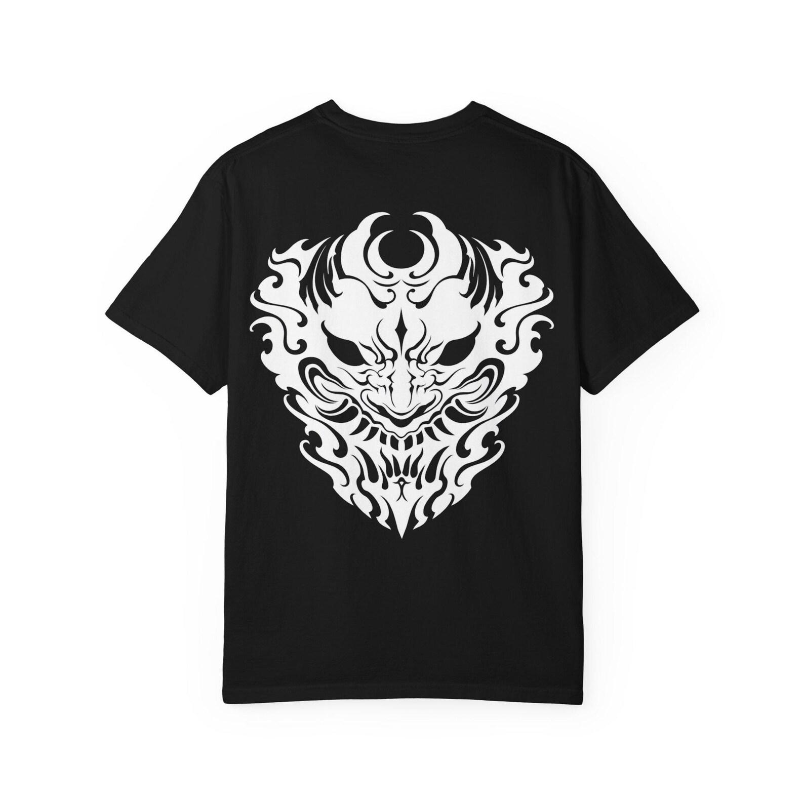Oni Mask Graphic T-Shirt, Japanese Demon Streetwear Tee, Gothic Grunge Unisex Top L
